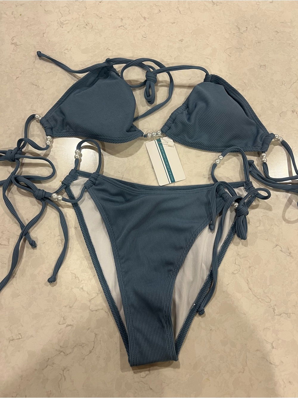 Ribbed Tie-Side Triangle Bikini Set in Slate Blue